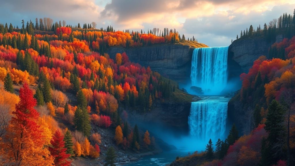 Vibrant Montana Autumn Waterfall Digital Matte Painting