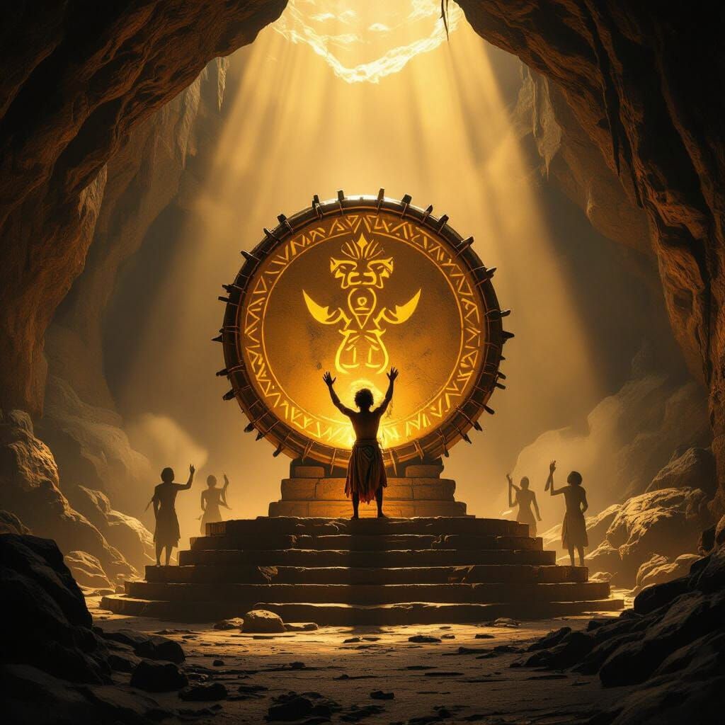 Brave Warrior Ascends Colossal Drum in Golden Cavern