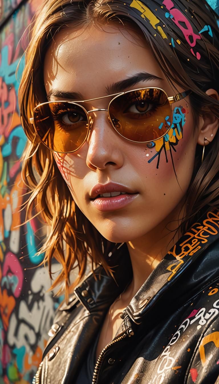 Girl in Leather Jacket Against Graffiti Wall