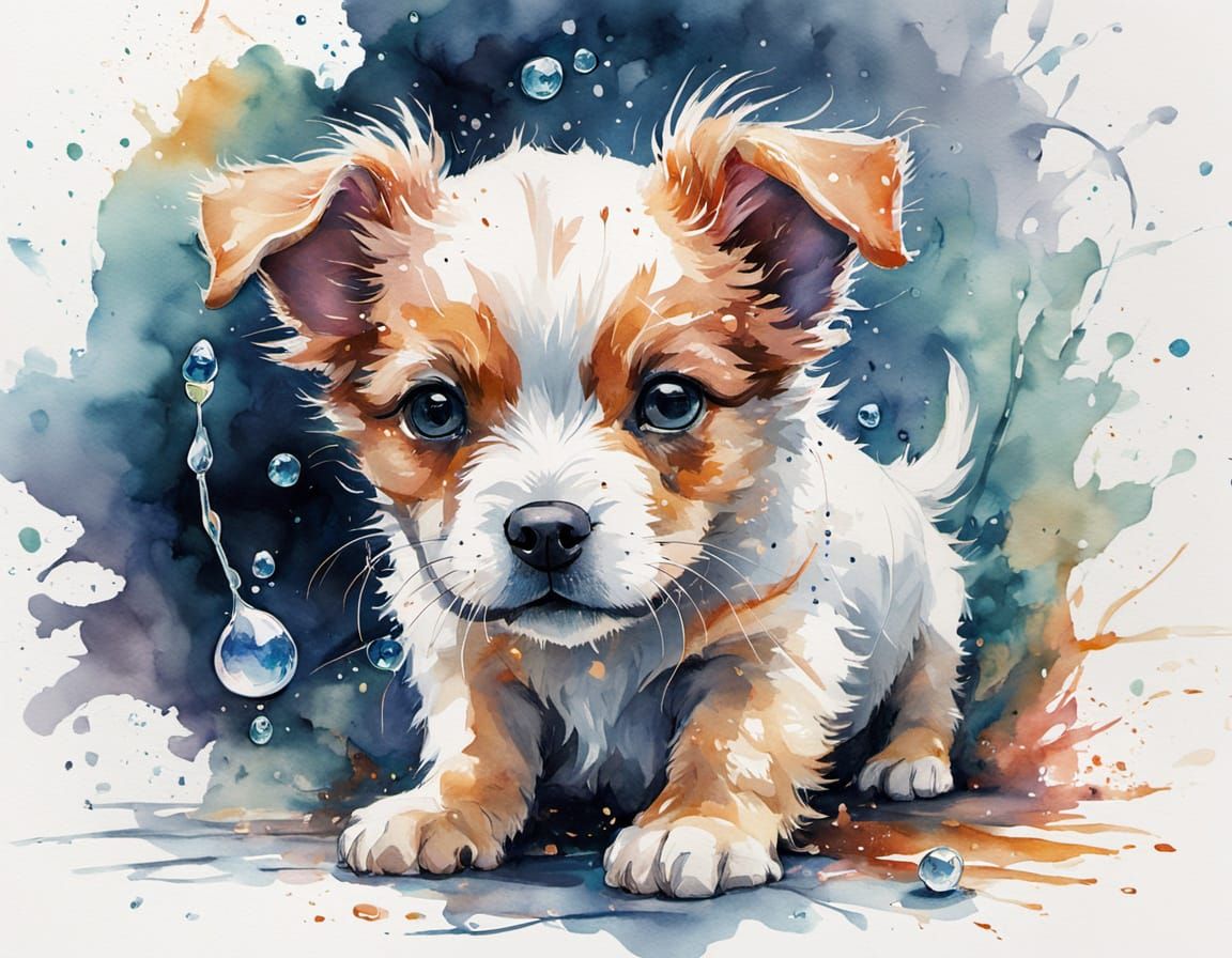 Puppy Discovers Portal in Dewdrop - Watercolour Art