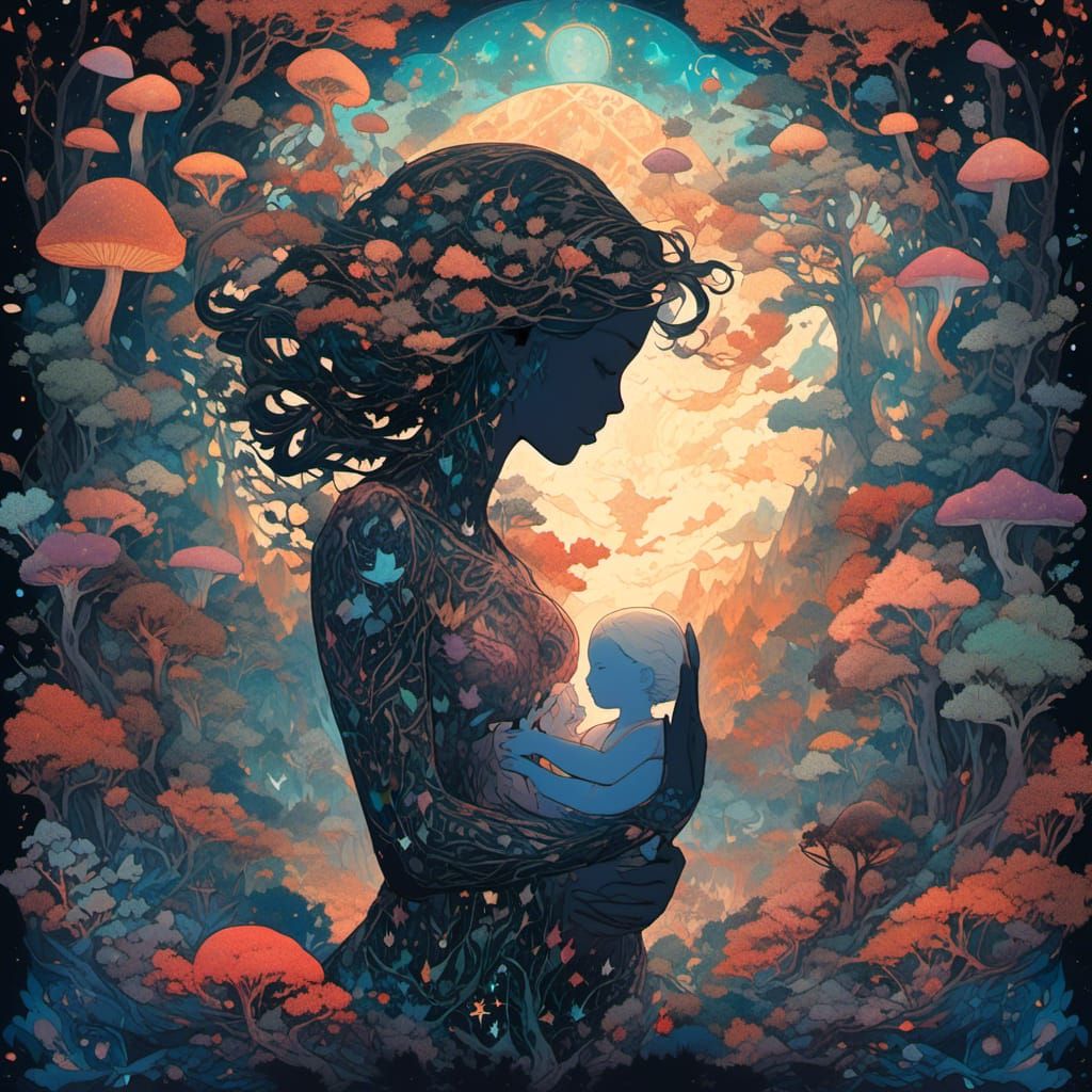 Silhouette Mother's Love Under Tree of Life