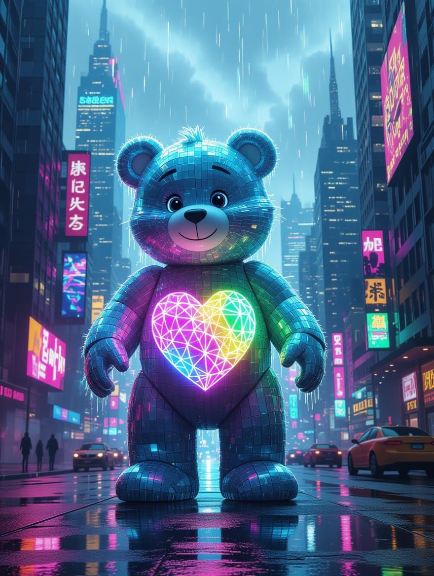 Cyberpunk Care Bear Illuminates Holographic City