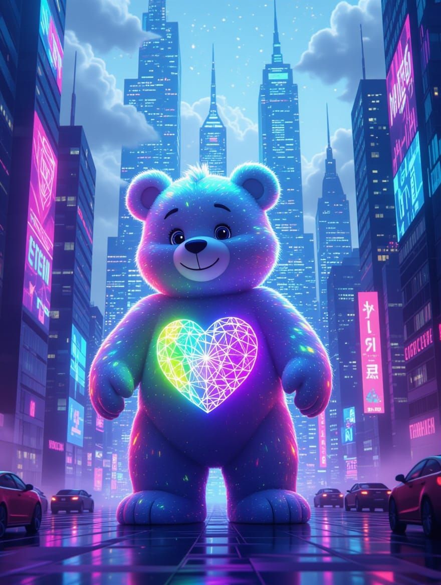 Cyberpunk Care Bear Illuminates Neon Cityscape