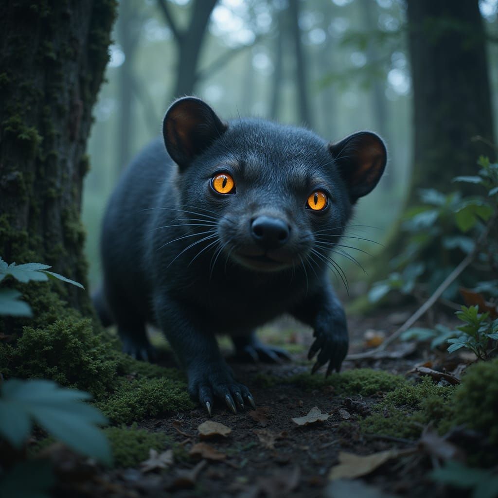 Vampiric Weasel with Hypnotic Eyes in Dark Forest