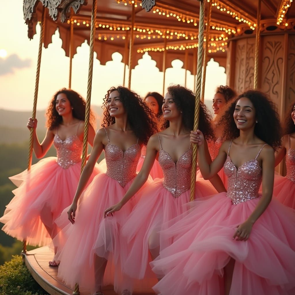 Whimsical Women in Pink Flamingo Dresses on Merry-Go-Round