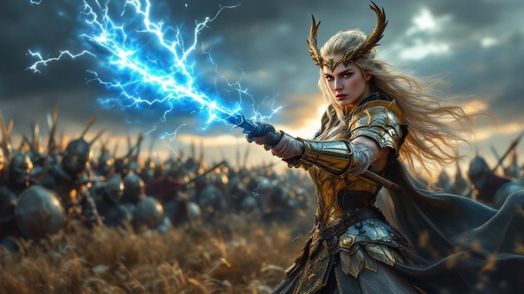 Warrior Princess in Golden Armor Fights with Lightning Spear...
