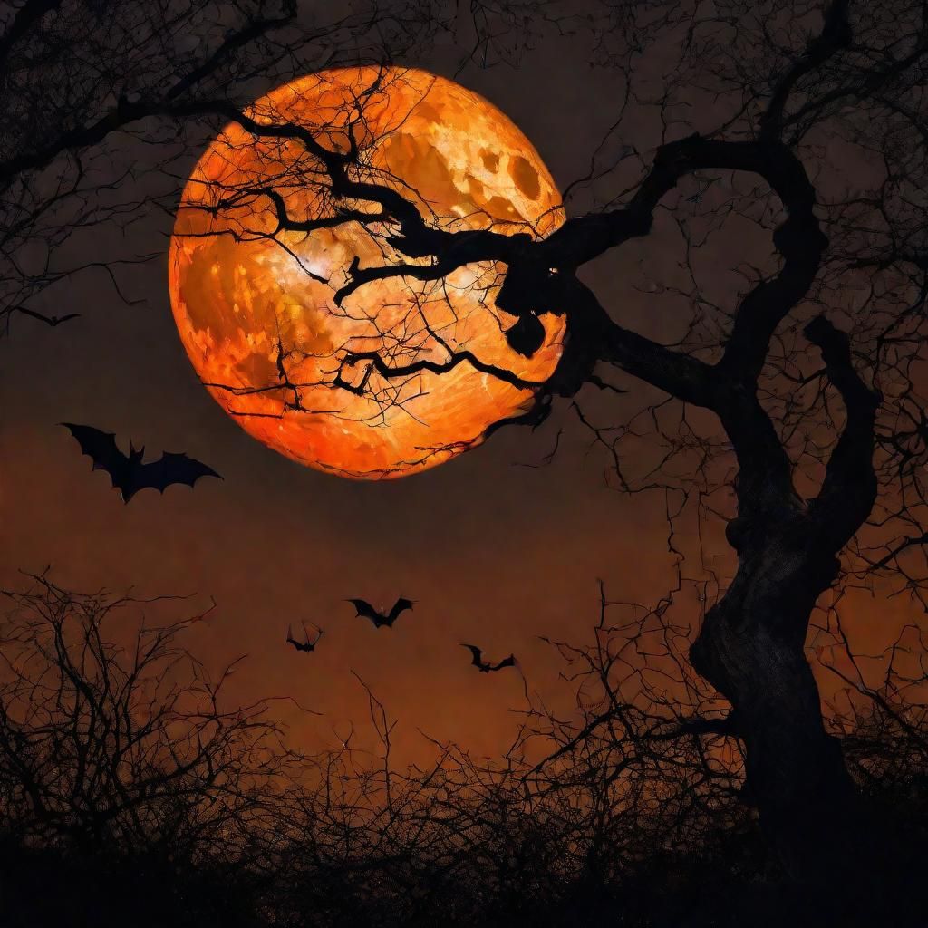 Eerie Halloween Moon with Bat in Gothic Style