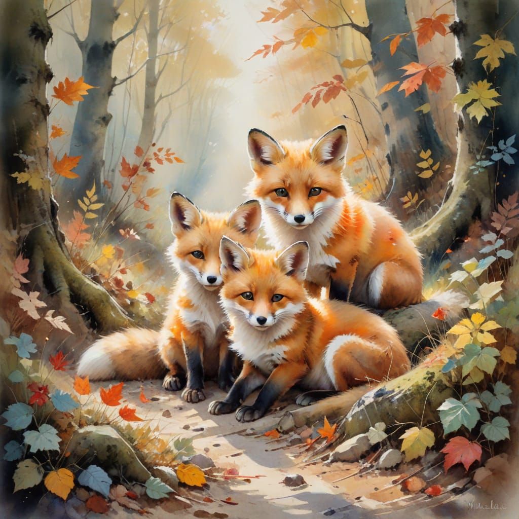 Fox Cubs Snuggle in Autumn: Impressionist Watercolor