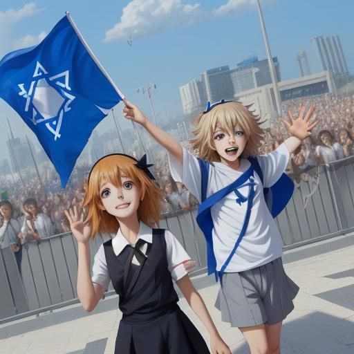 Children Waving Israel Flag in Anime Style