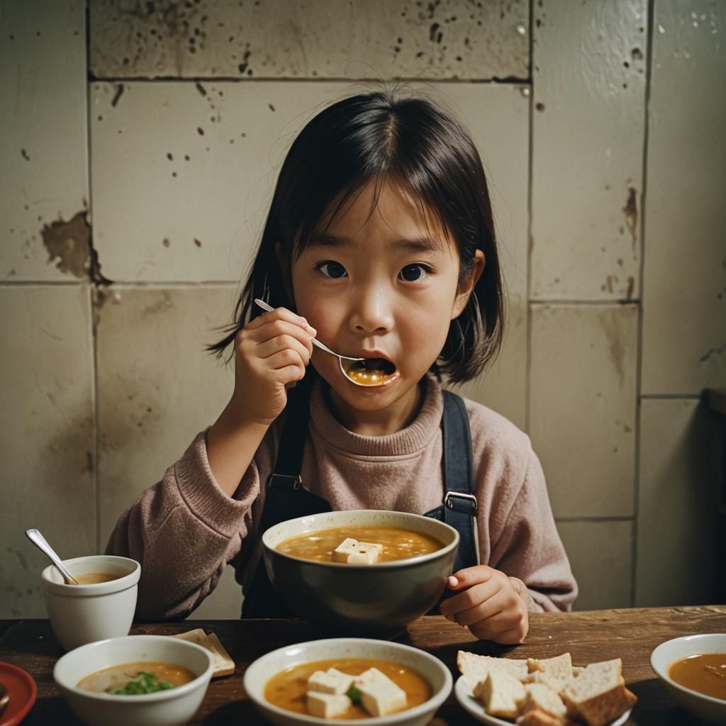 Little Girl Enjoys Miso Soup in Cinematic Style