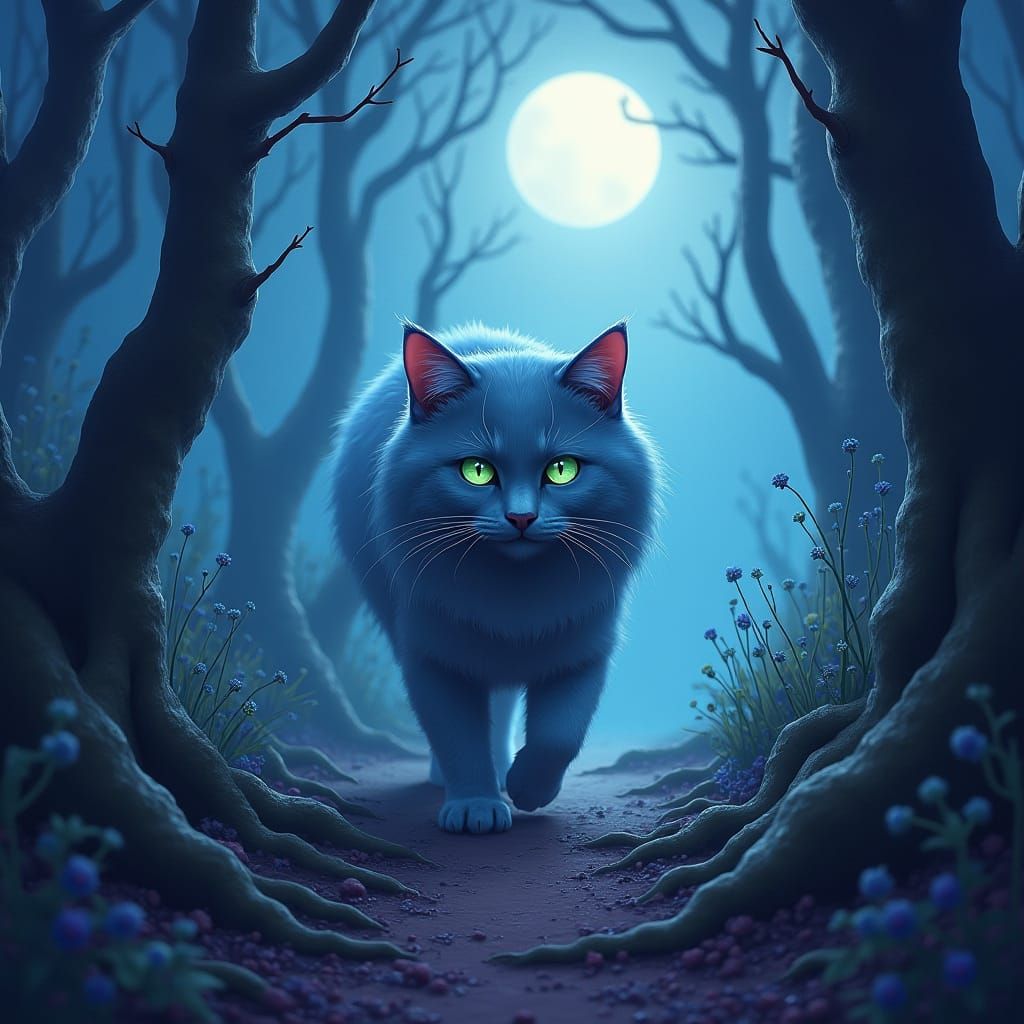 Moonlit Cat in Misty Forest, Surreal Style