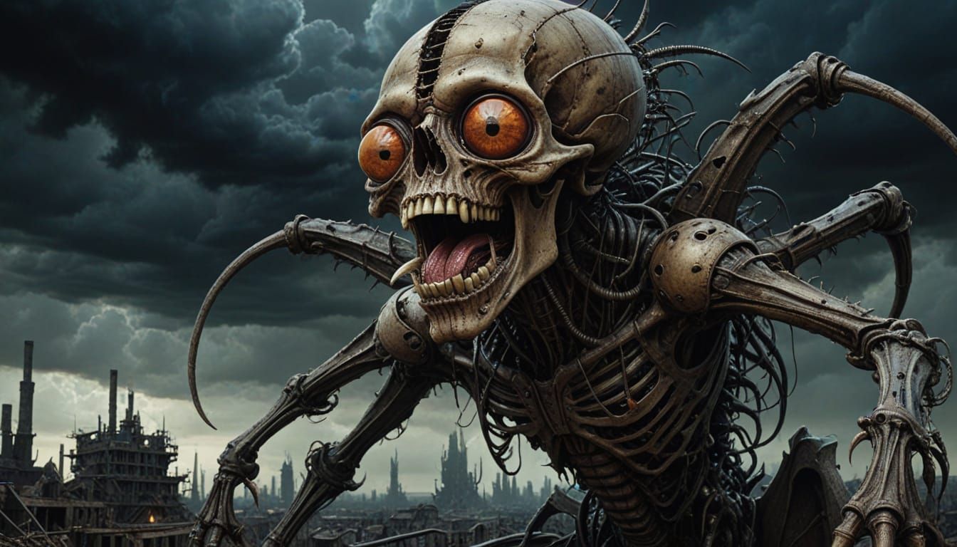 Biomechanical Beast Unleashed in Hellish Industrial Wastelan...