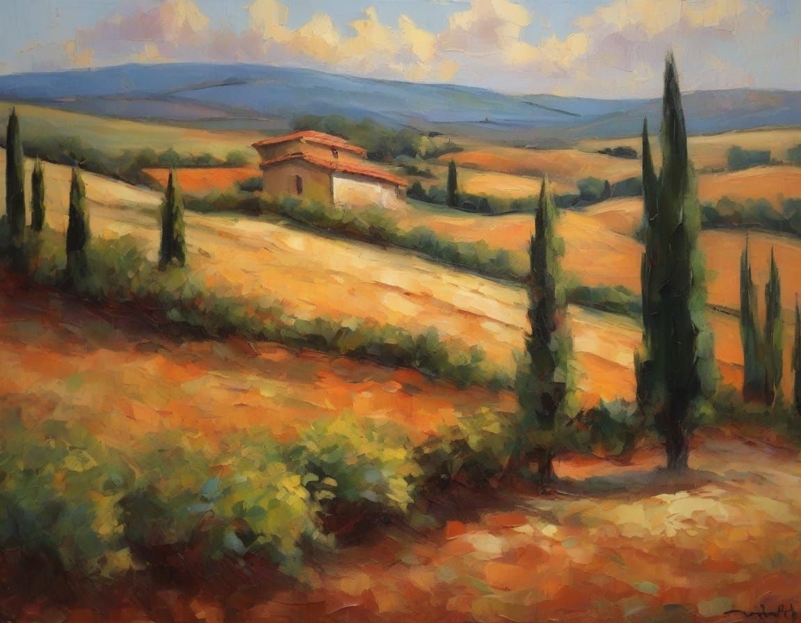 Tuscan Countryside in Warm Impressionist Brushstrokes