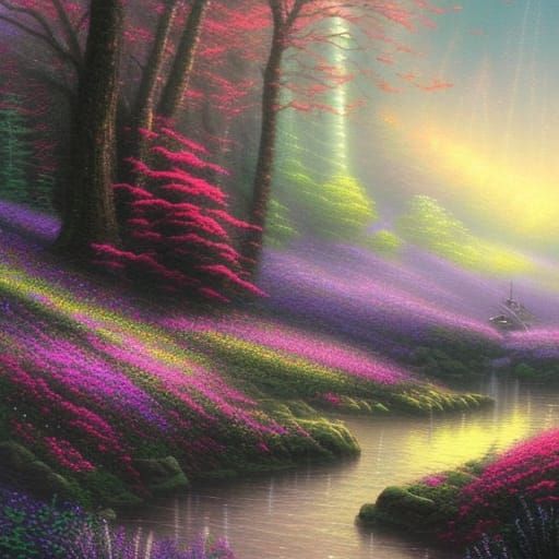 Ethereal Moonlit Forest with Flowers, Fantasy Art