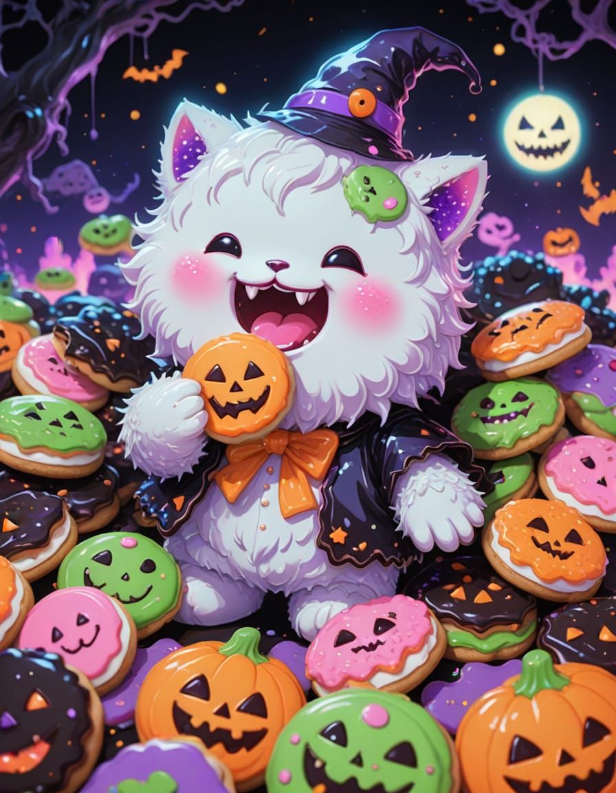 Creepy Cute Creature Devours Halloween Cookies in Neon Anime...