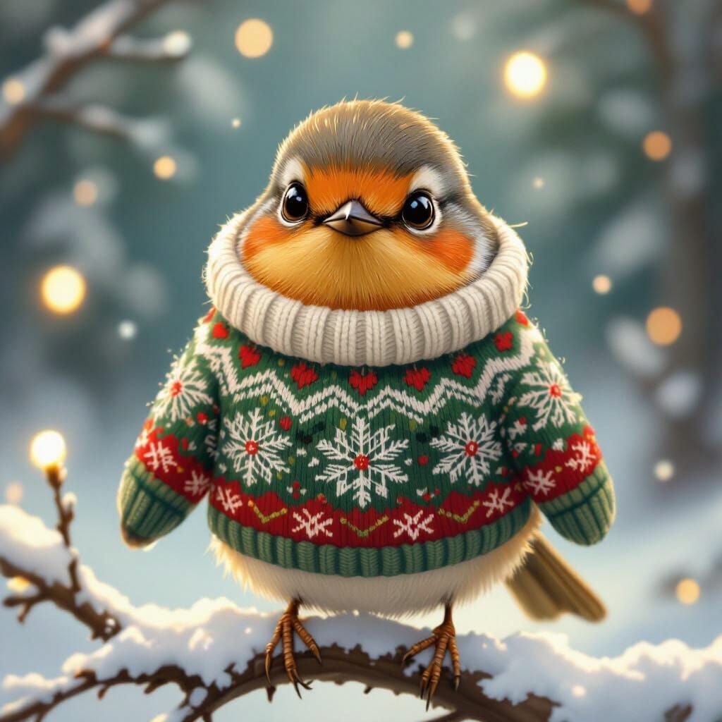 Cheerful Robin Wearing a Cozy Christmas Sweater