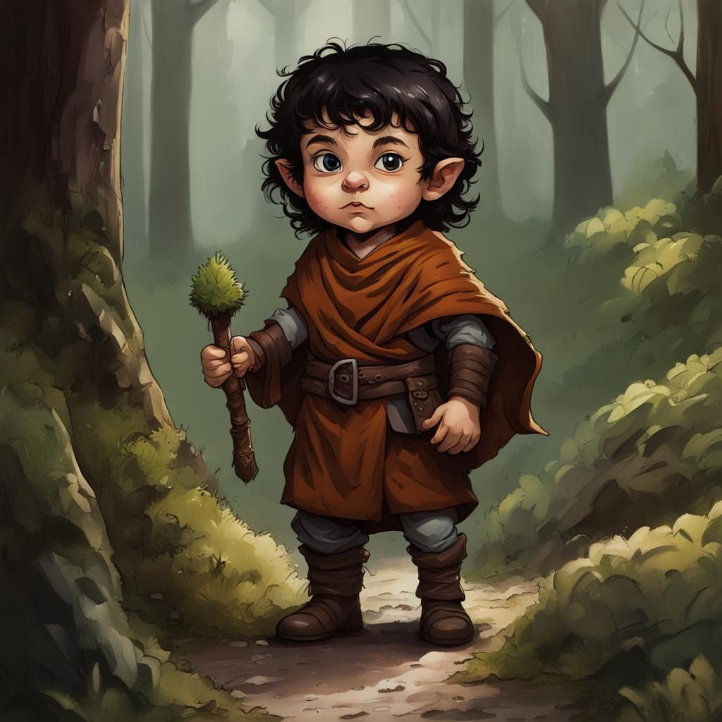 Halfling monk dark hair urchin entering the woods