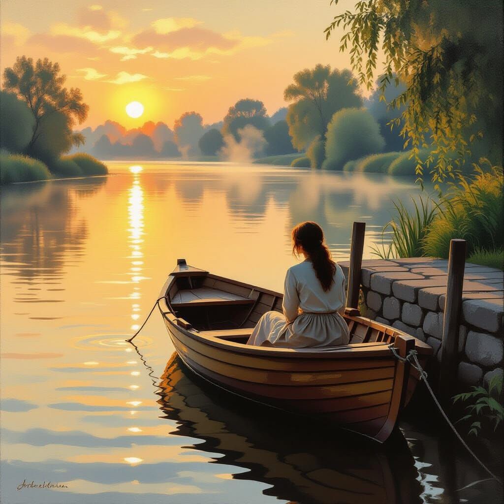 Woman in Rowboat at Golden Hour, Impressionist Style
