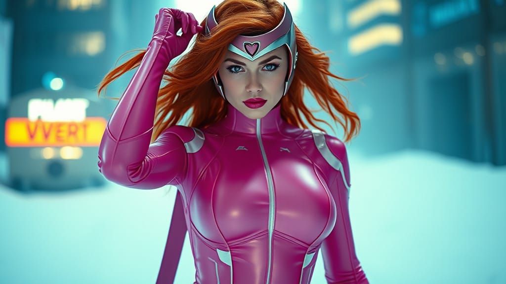 Ethereal Redhead Goddess in Cinematic Pink Attire