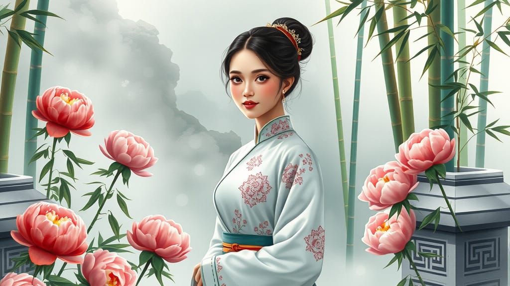 Asian Woman in Chinese Garden, Watercolor Style
