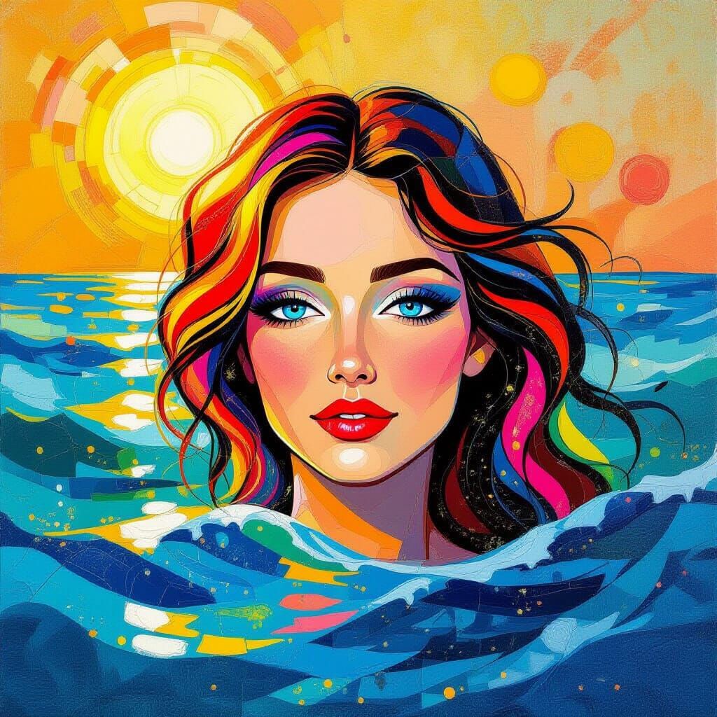 Surreal Face Emerges from Ocean Waves in Neo-Impressionist S...