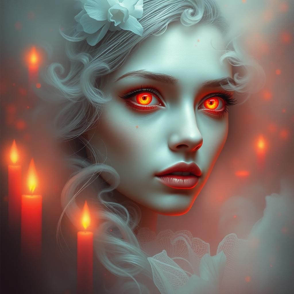 Ethereal Woman with Strawberry Eyes in Dreamlike Mist