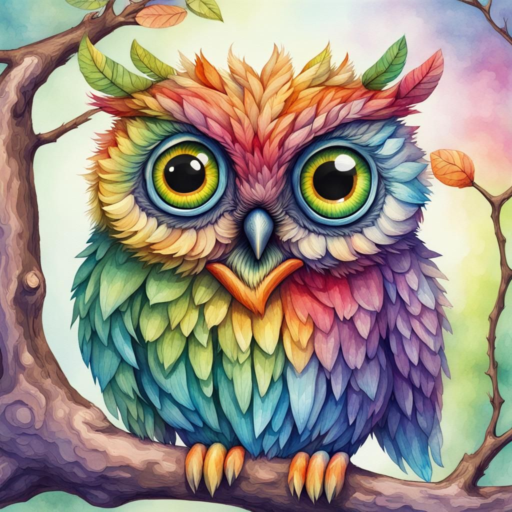 Zany Rainbow Owl on a Branch :: Folk Style :: Quirky Woodland Creature :: Enhanced Hyper Detailed Big Eyes:: Watercolor...
