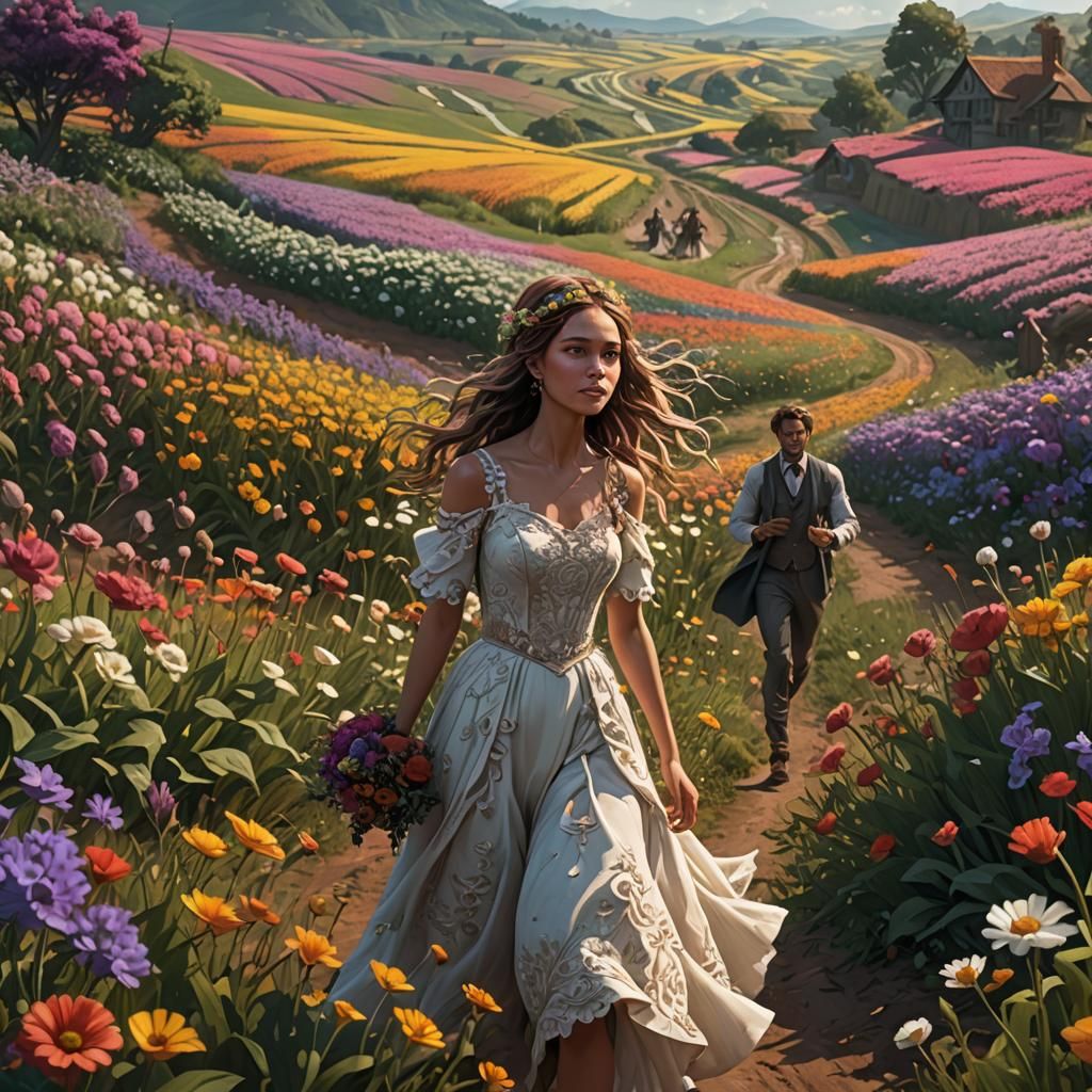 Runaway Bride in Flower Field, Fantasy Art