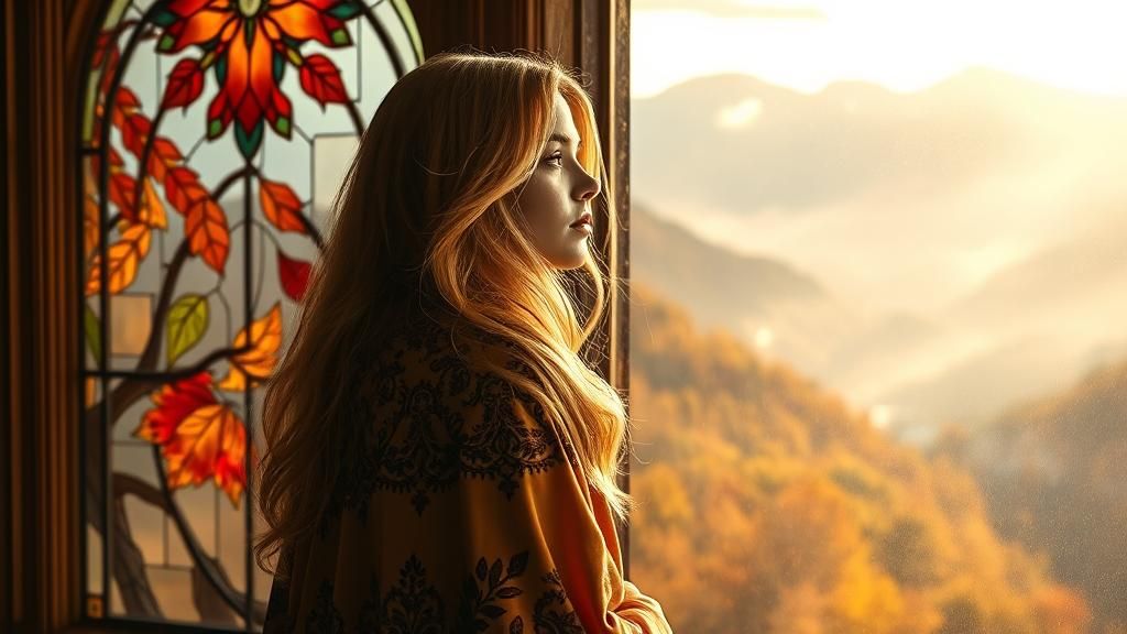 Ethereal Woman Gazing at Autumn Valley