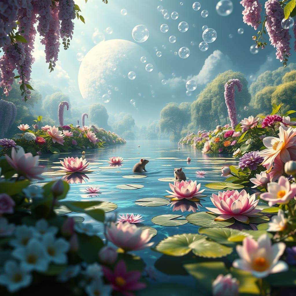 Mystical Lake Landscape with Iridescent Bubbles