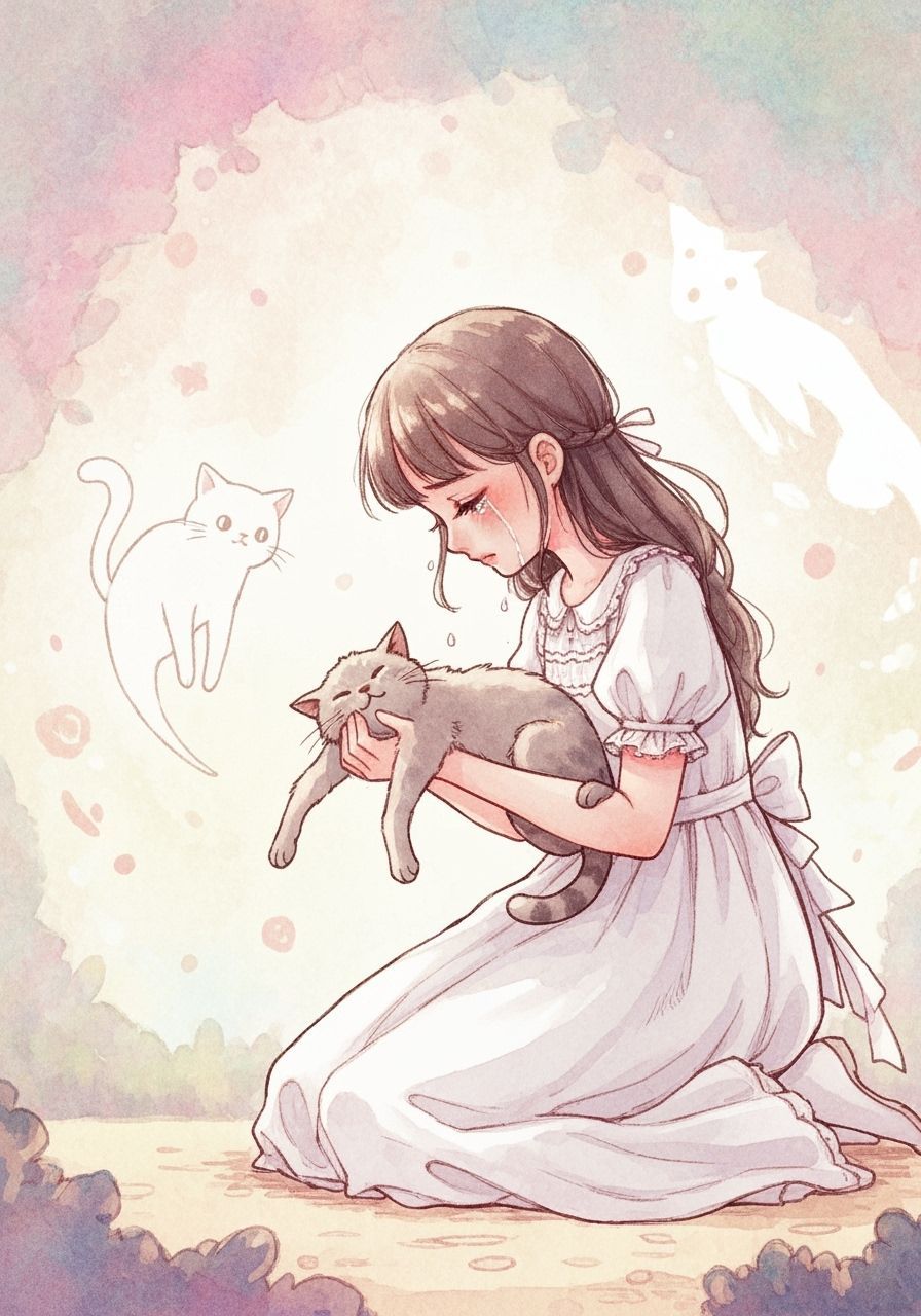 Girl Mourning Loss of Cat in Watercolor Style