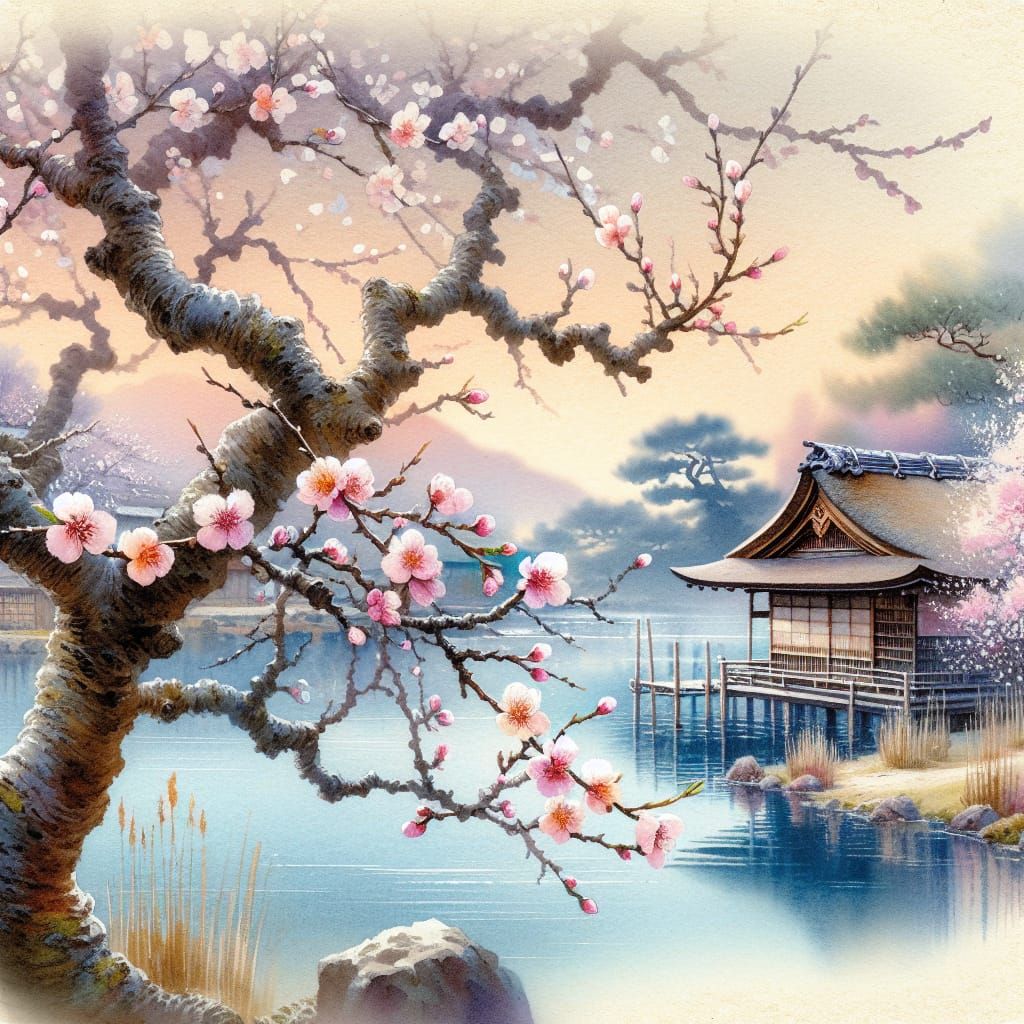 Japanese Watercolor Almond Tree in Bloom