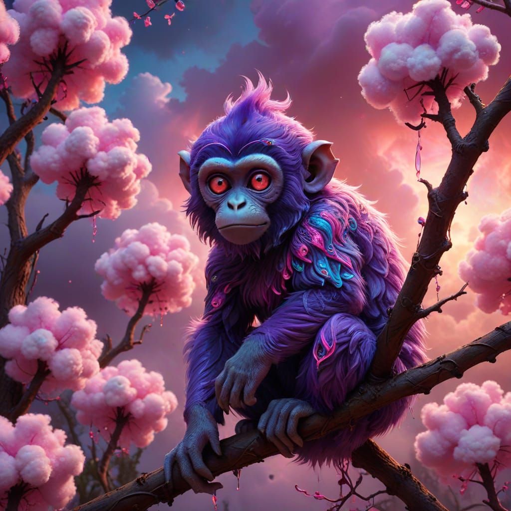 Psychedelic Crochet Monkey Swinging in Candy Forest