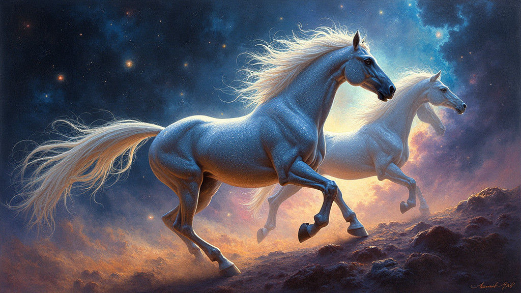 Ethereal Galactic Steeds Soaring Through Iridescent Nebula