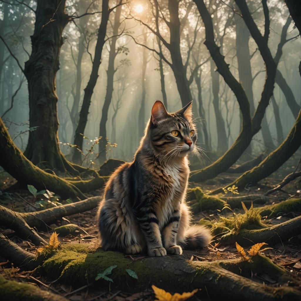 Mystical Cat in Enchanted Forest: Cinematic Film Still