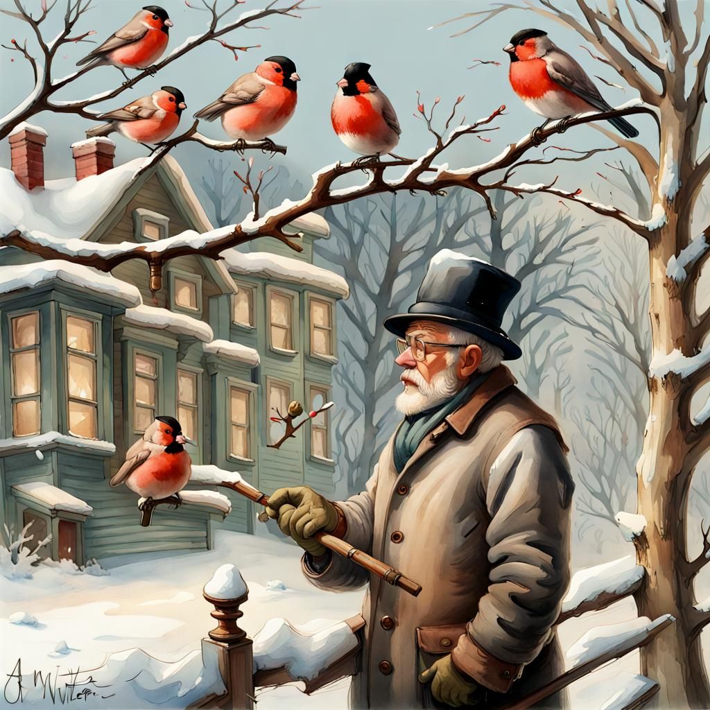 Festive Winter Scene with Man and Bullfinches