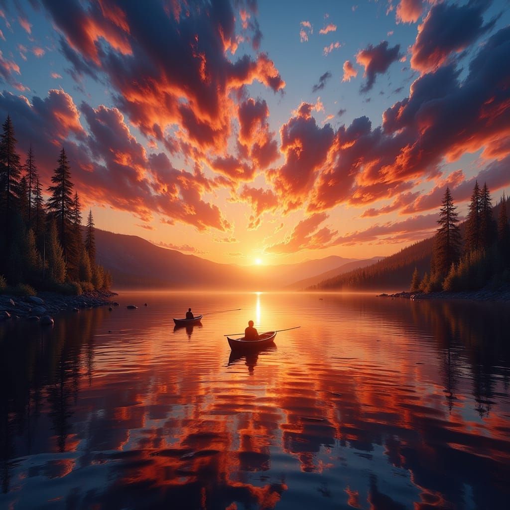 Fisherman's Playful Tug-of-War with Nessie at Fiery Sunset