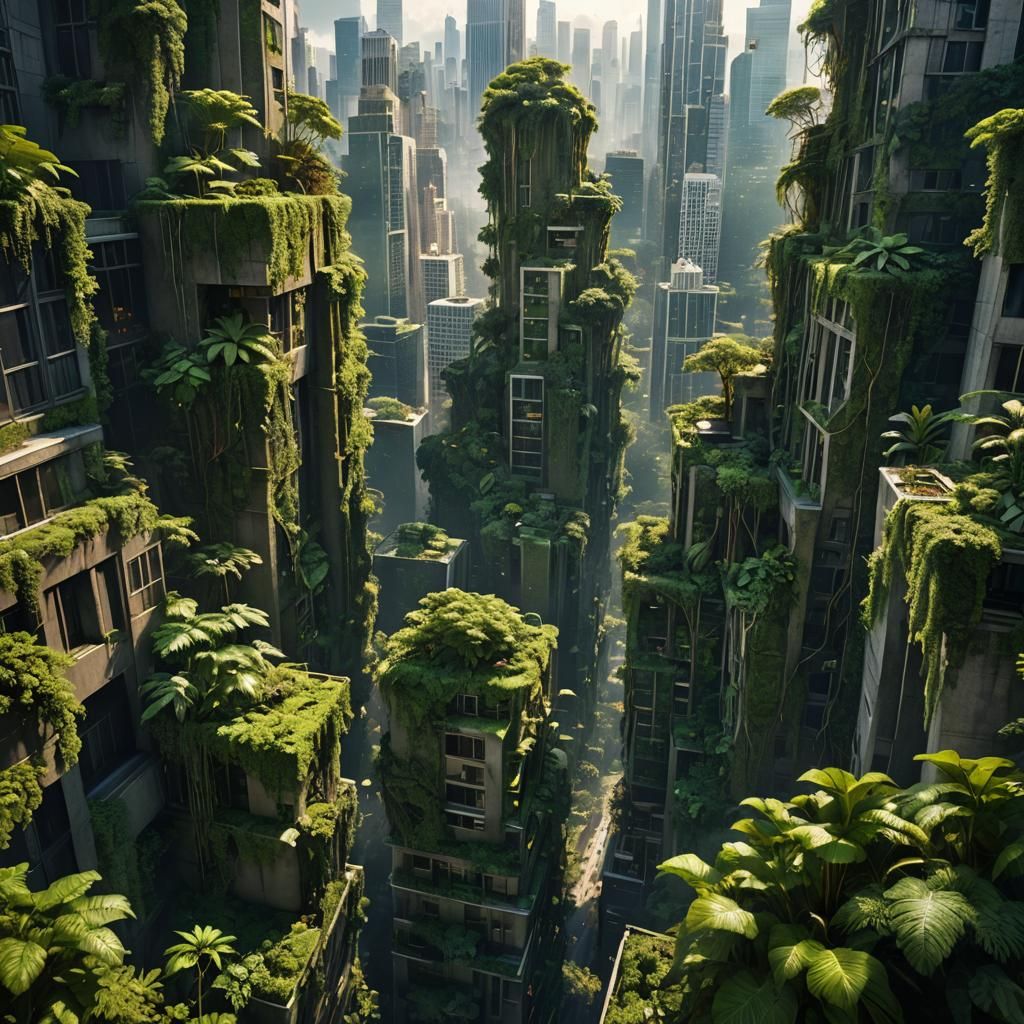 Lush Jungle Overruns Futuristic City, Digital Painting
