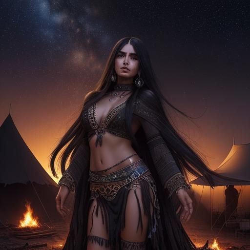 Boho Woman by Bonfire Under Starry Sky