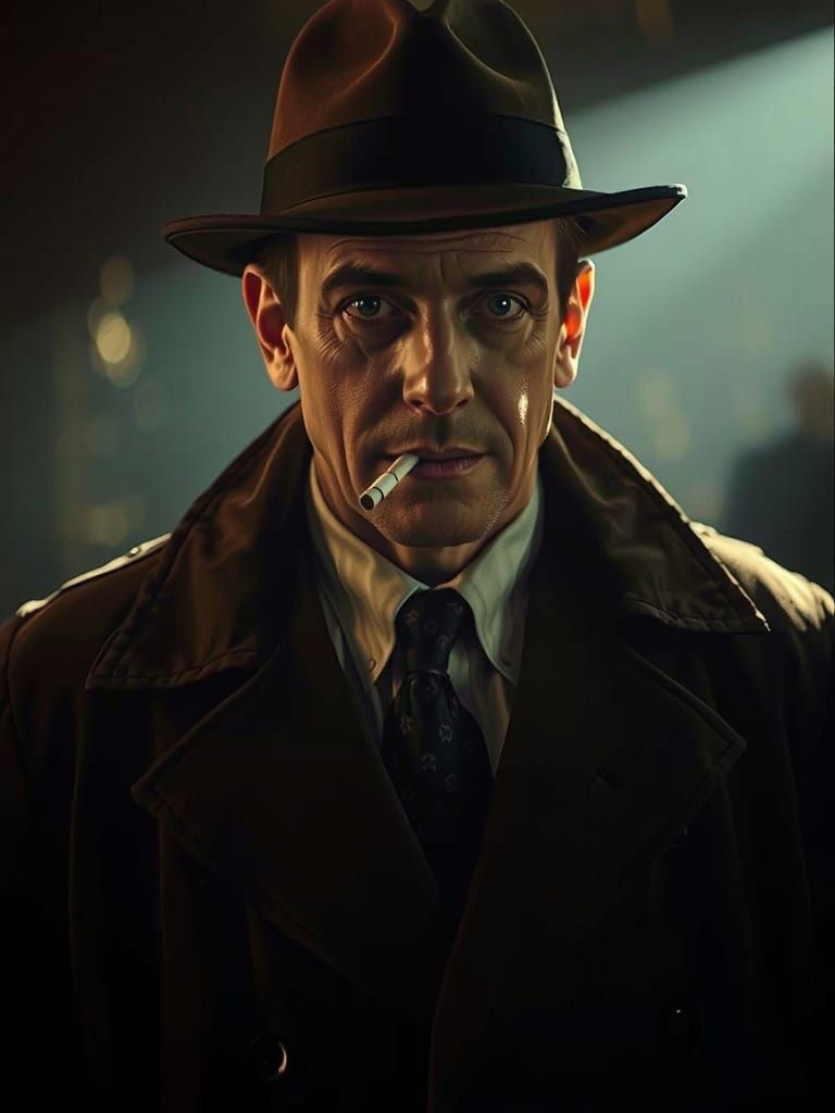 Cinematic Portrait of a Weary Private Investigator in Trench...