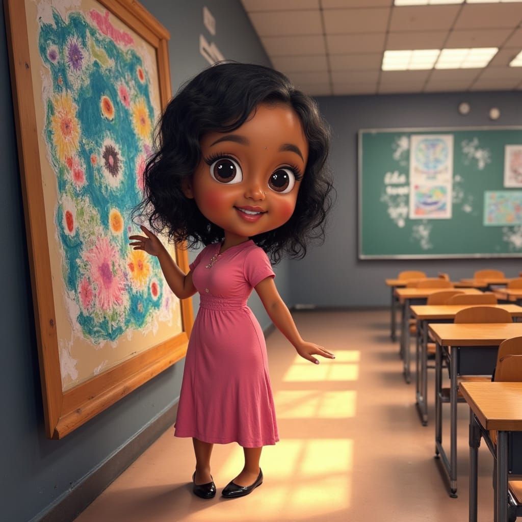 Chibi Teacher Examines Student Artwork in Classroom