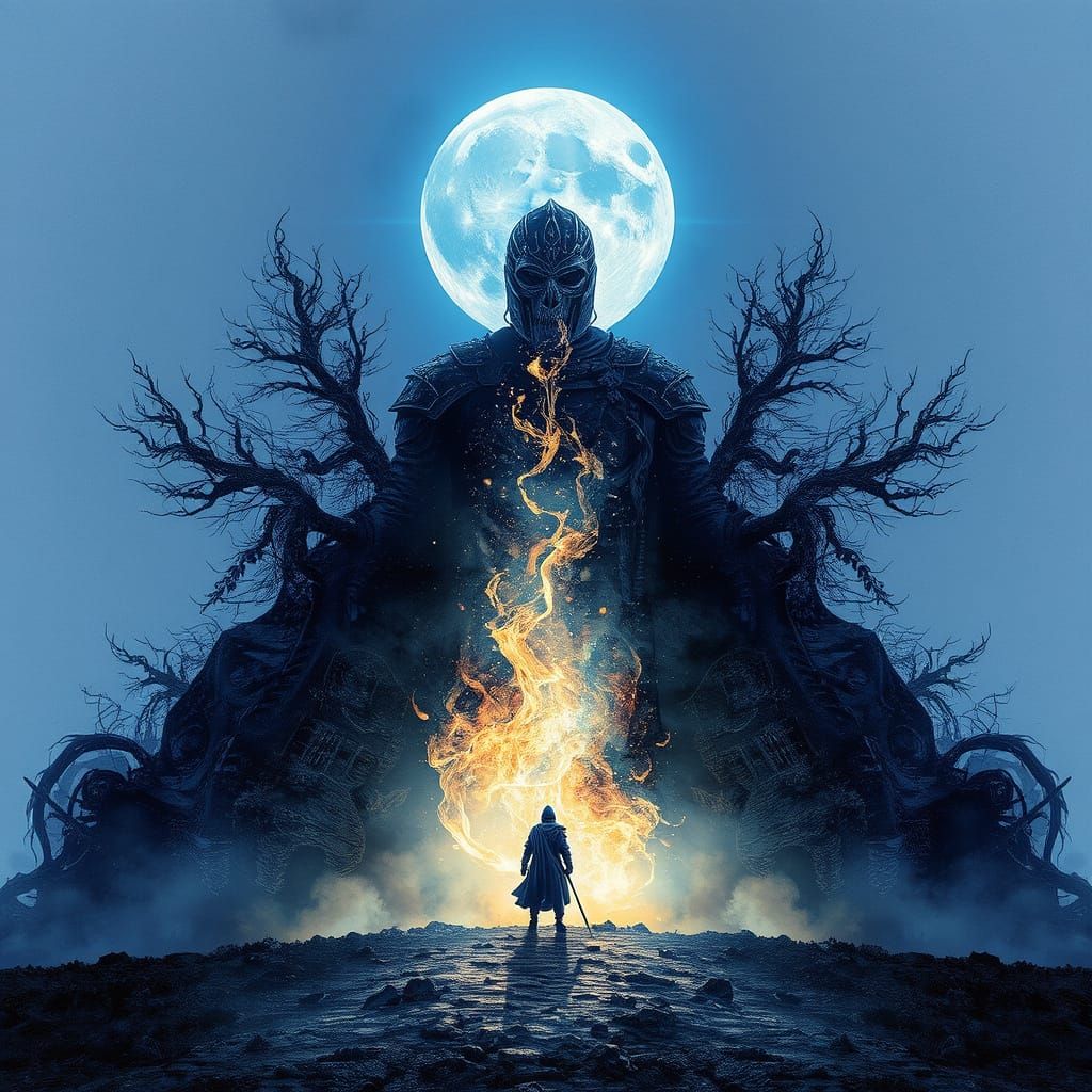 Ethereal Warrior Rises from Battlefield in Double Exposure M...