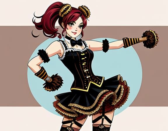 Steampunk Cheerleader Cartoon with Victorian Pom-poms