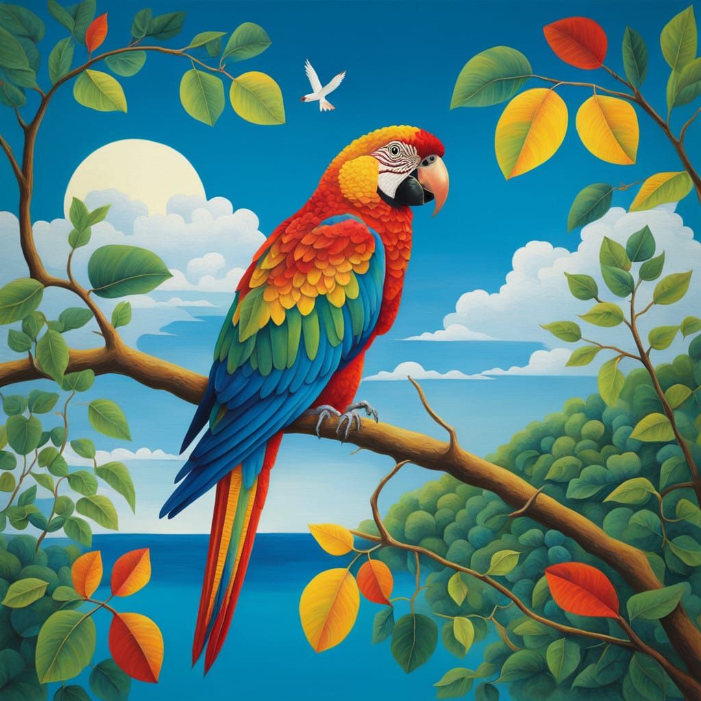 Vibrant Parrot in a Dreamlike Tropical Landscape