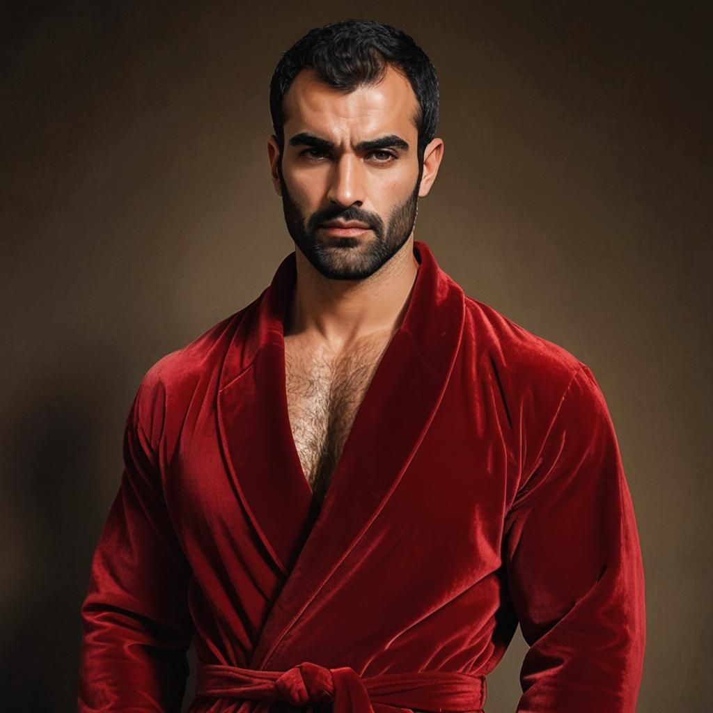 Hirsute Iranian Man in Red Velvet Robe, Impressionist Oil Pa...