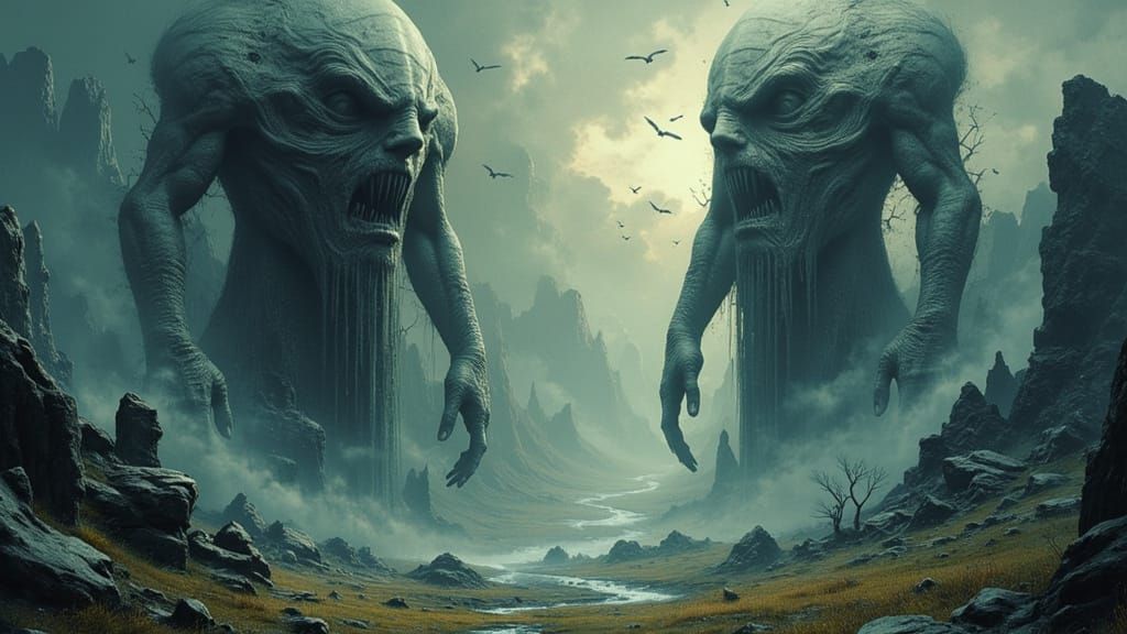 Colossal Stone Giants in Mystical Alien Landscape