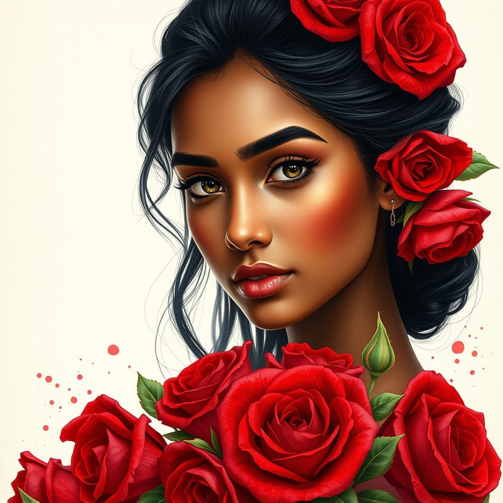 Elegant Tamil Indian Woman Adorned with Vibrant Roses in Sof...