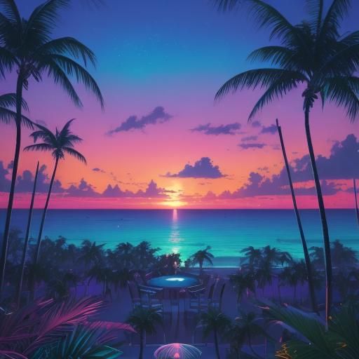 Neon Miami Beach Cityscape in Anime Style