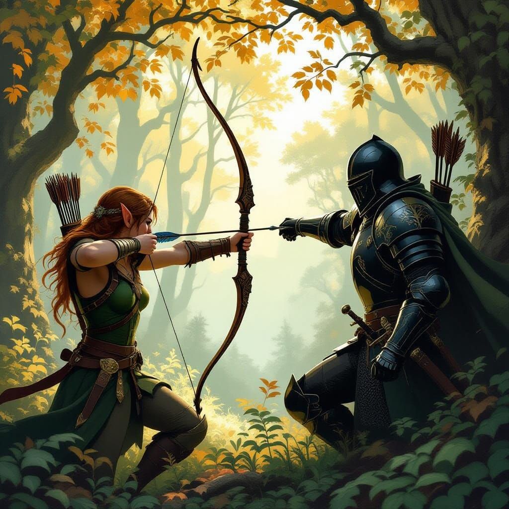 Elf Archer Takes Aim at Black Knight in Vibrant Forest