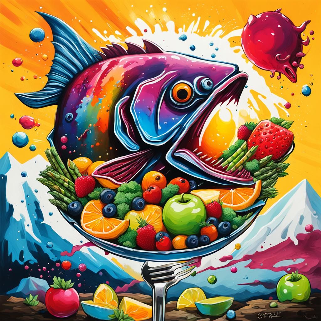 Surreal Fish Still Life in Graffiti Art Style